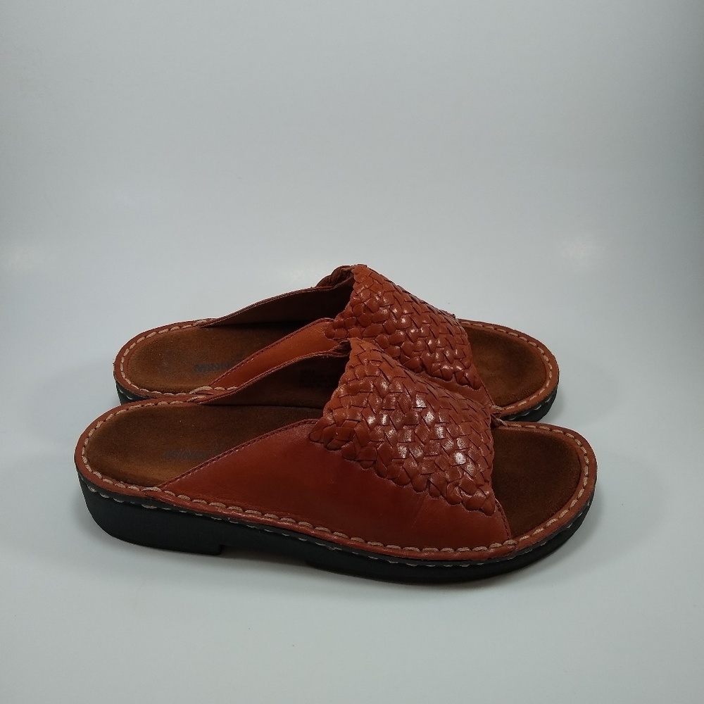 Minnetonka 7 Tan Brown Woven Leather Slide Sandal - Picture 3 of 8